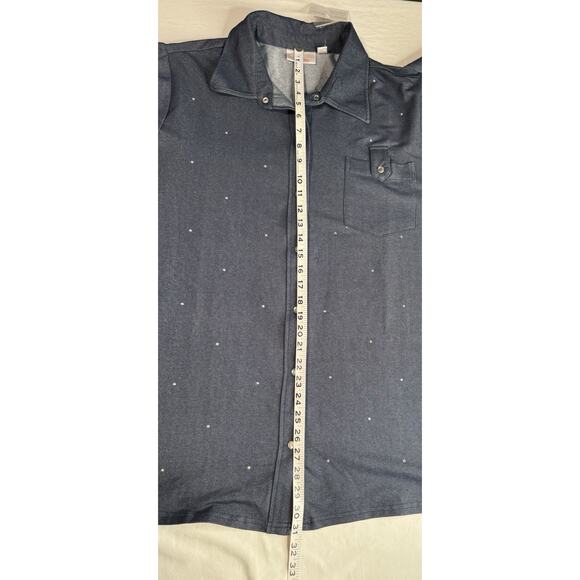 Quacker Factory XL Knit Denim Blouse Button Rhinestones Collar Tab Pocket - Picture 9 of 11